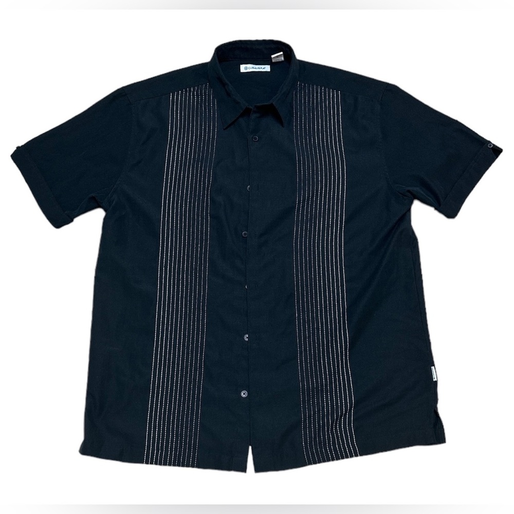 Cubavera Men’s Button Up L Black White Striped Casual Guayabera Shirt RN37763